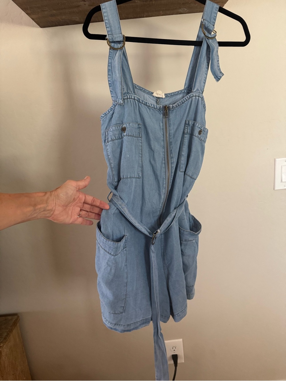 Light Wash Denim Romper with Front Zip
